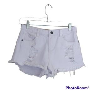 Angel Premium Distressed Fringe Booty White Mid Rise Medium Denim Shorts